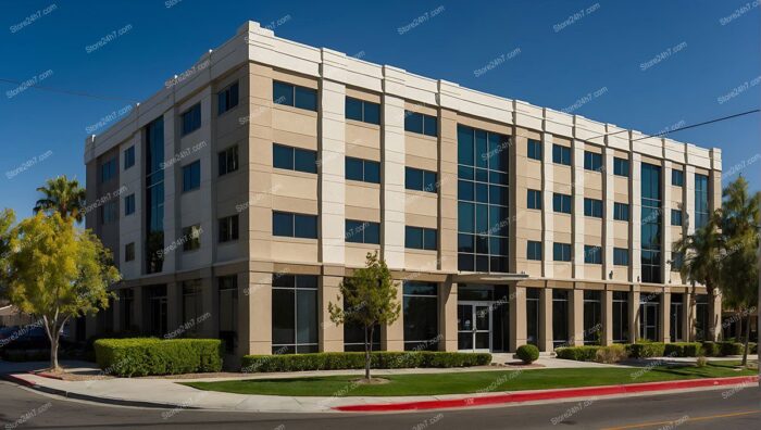 Sunlit Beige Office Building Facade