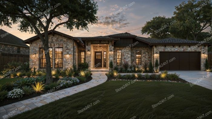Stunning Stone House with Lush Landscaping at Dusk