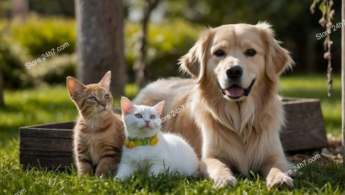 Golden Retriever with Two Kittens Outdoors