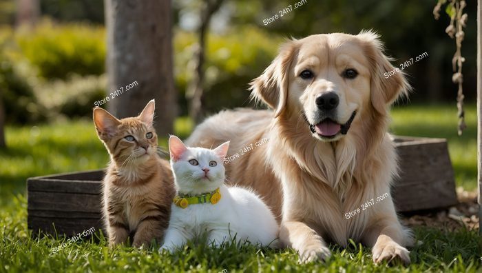 Golden Retriever with Two Kittens Outdoors