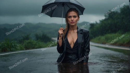 Elegant Woman Holding Umbrella Rain