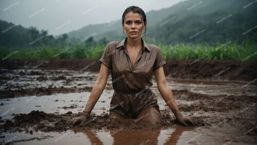 Resilient Woman Confronts Monsoon Elements