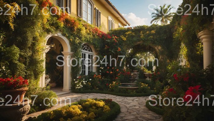 Mediterranean Villa with Blossoming Garden Arches