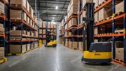 Operational Warehouse Forklift and Shelves