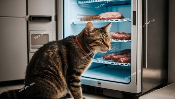 Tabby Cat Eyeing Refrigerator Feast