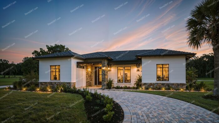 Modern Single-Story Home at Dusk