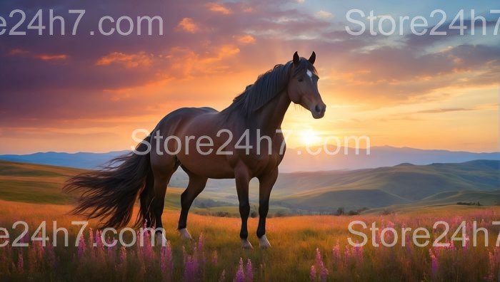 Horse Silhouette Against Sunset Hills