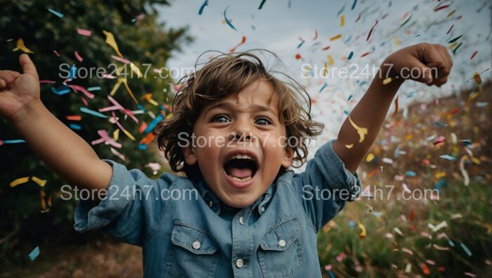 Excited Boy with Colorful Confetti