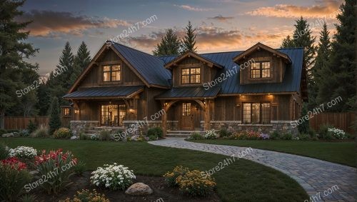 Rustic Wooden Home with Lush Garden at Sunset