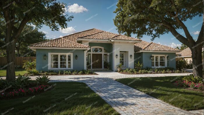 Serene Blue Home Under Oak Canopy