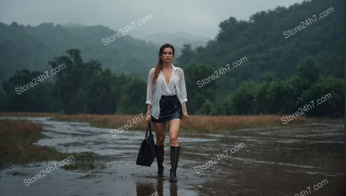 Elegant Countryside Rain Fashion Portrait