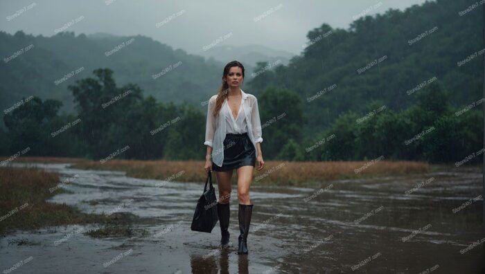 Elegant Countryside Rain Fashion Portrait