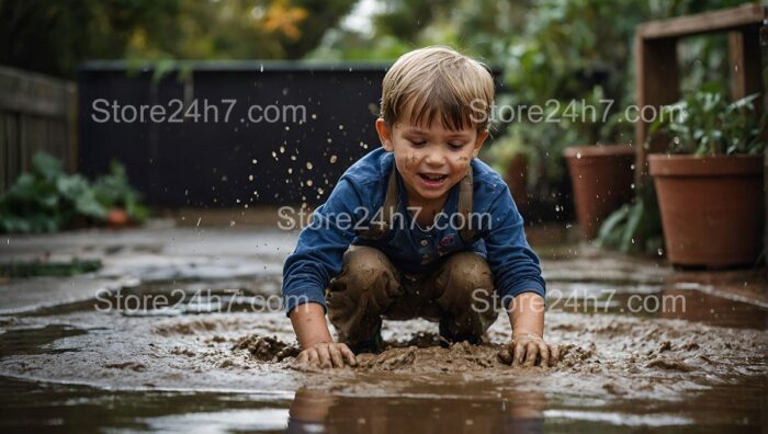 Childhood Playtime Splashing in Mud