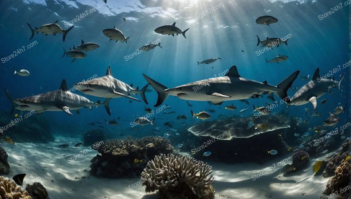 Sunlit Reef with Graceful Sharks
