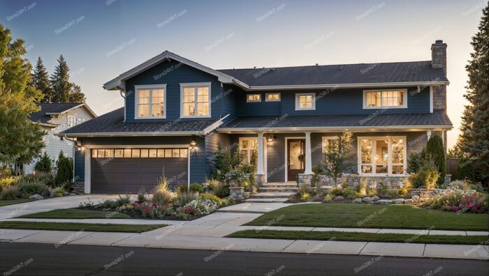 Charming Navy Blue Home at Sunset