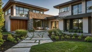Modern Single Family Home with Stone Pathway and Gardens
