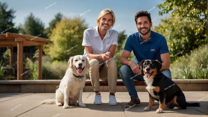 Men with Dogs Enjoying Garden