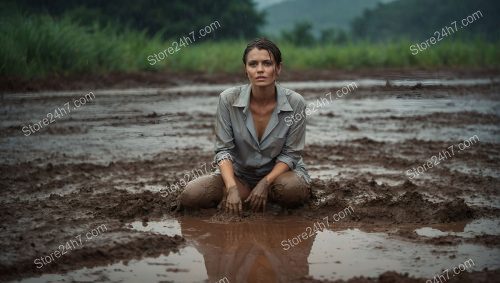 Solemn Woman Amidst Torrential Rainfall