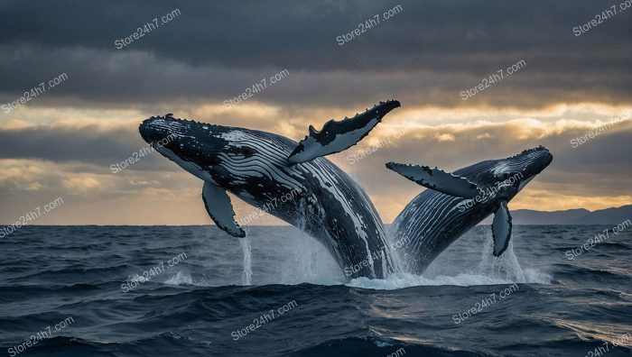 Dual Whale Breach Stormy Sea