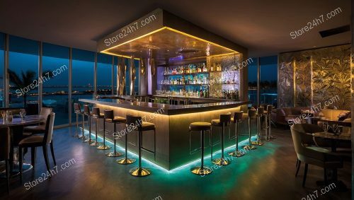 Modern Waterfront Bar with Ambient Lighting