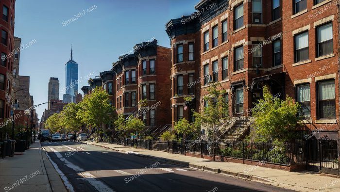 Brooklyn Brownstones Skyline View Street