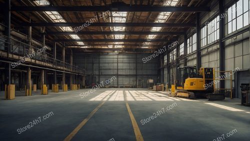 Sunlit Industrial Warehouse Interior Scene