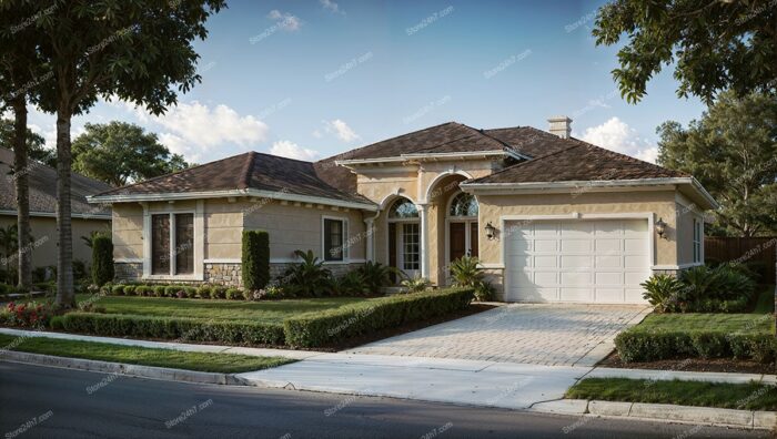 Inviting Beige Home Lush Landscaping