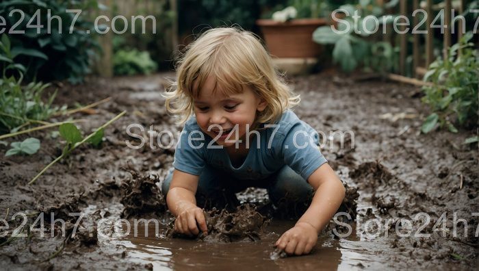 Child's Playful Discovery in Mud