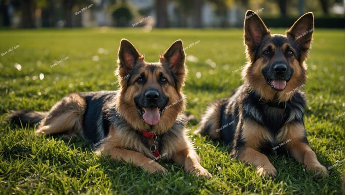 German Shepherds Relaxing on Grass