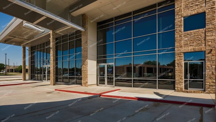 Sunlit Stone Office Building Entrance