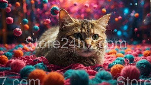 Maine Coon Cat Among Colorful Yarn Balls