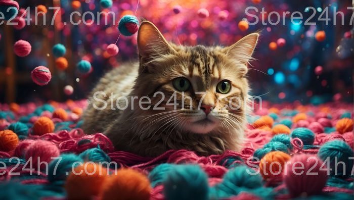 Maine Coon Cat Among Colorful Yarn Balls