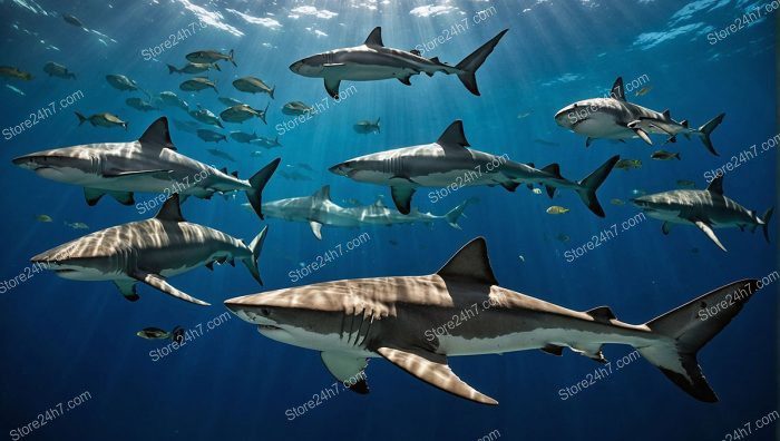 Underwater Sharks Gliding Serenely Among Fish