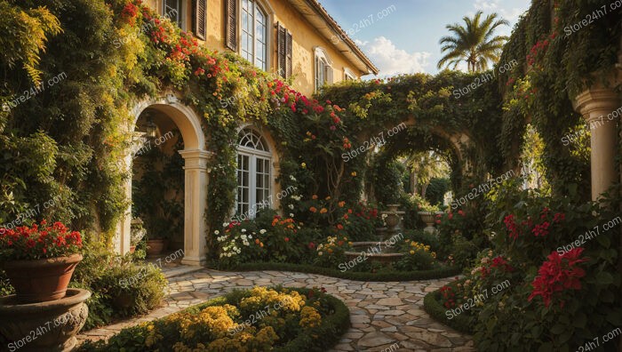 Mediterranean Villa with Blossoming Garden Arches