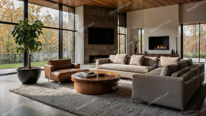 Modern Living Room with Autumn View