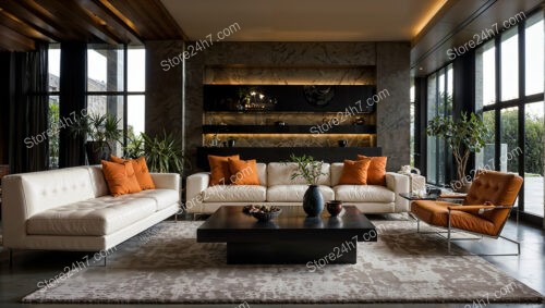 Modern Living Room with Orange Accents