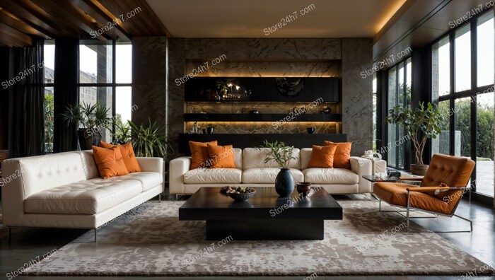 Modern Living Room with Orange Accents