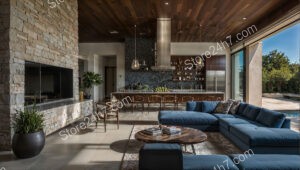 Modern Stone Fireplace Open Kitchen Design