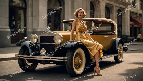 1930s Golden Dress Pin-Up Beside Antique Car