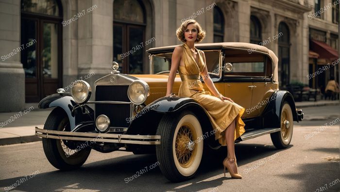 1930s Golden Dress Pin-Up Beside Antique Car