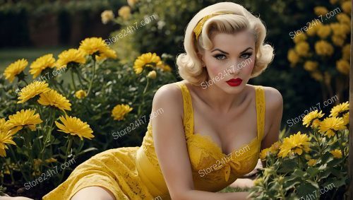 Vibrant Pin-Up Lady in Yellow Floral Bliss