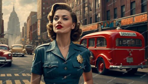 Classic Teal Police Pin-Up Urban Scene