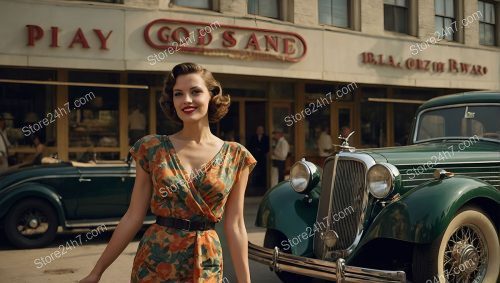 Thirties Pin-Up Girl with Vintage Green Car
