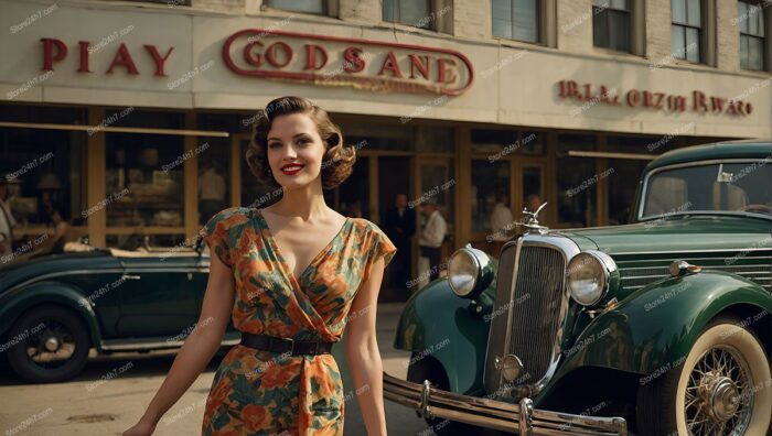 Thirties Pin-Up Girl with Vintage Green Car