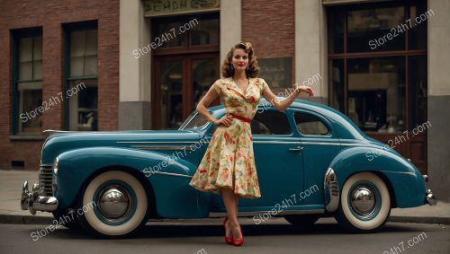 1930s Pin-Up Style Woman and Vintage Car