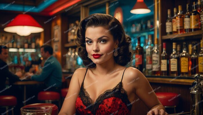 Captivating Red Lace Pin-Up at Vintage Bar