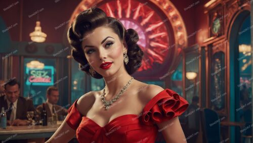 Radiant Pin-Up Girl in Red at Bar