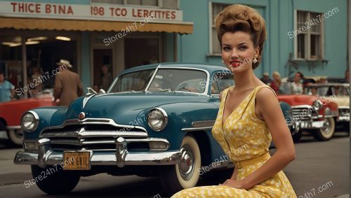 Sunny '50s Pin-Up with Blue Vintage Car