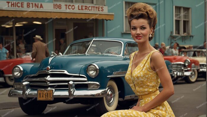 Sunny '50s Pin-Up with Blue Vintage Car