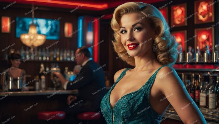 Gleaming Teal Gown Pin-Up Bar Lady